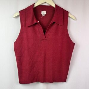 A New Day Womens XXL Dark Red Sleeveless Polo V-Neck Ribbed Knit Sweater Top NWT